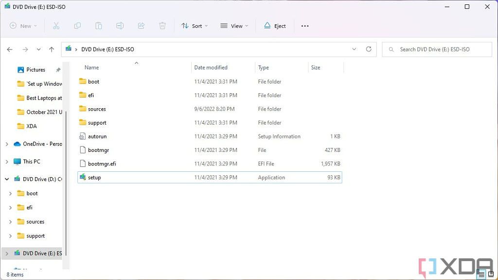 Windows 11 File Explorer showing the files inside an virtual drive mounted using a Windows 11 ISO. The setup file is selected.