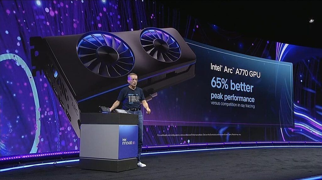 Live presentation with a slideshow shown claiming that the Intel Arc A770 has 65% better eak performance in ray tracing than the competition