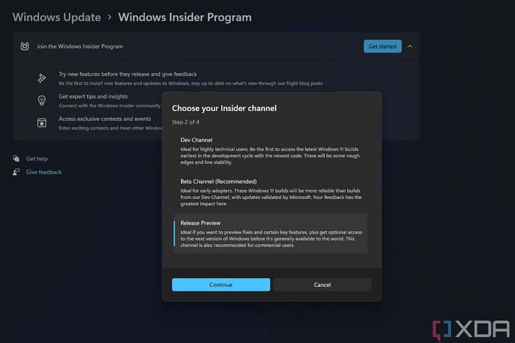 Screenshot of the Windows 11 Settings app in the process of choosing a Windows Insider channel to join