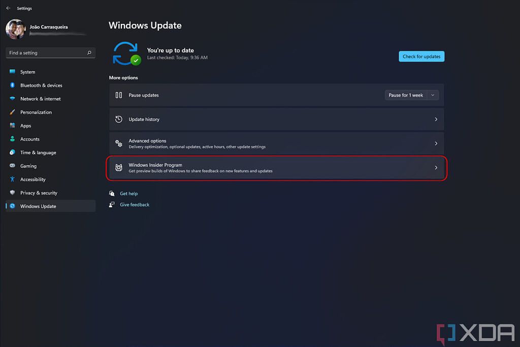 Screenshot of Windows Update on Windows 11 with the option to join the Windows Insider Program