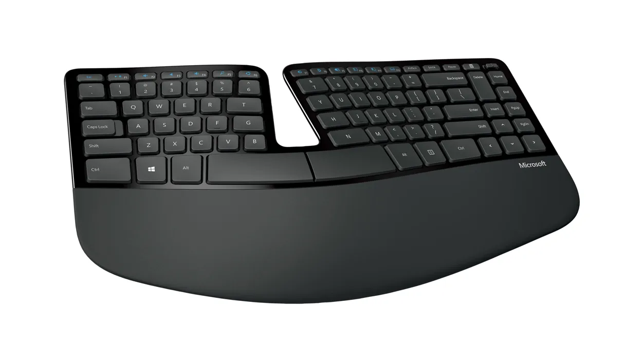 If you want a typing experience that keeps your hands and wrists comfortable and healthy, an ergonomic keyboard like this is great. The keys are placed in ideal positions and the large wrist rest is angled for max comfort.