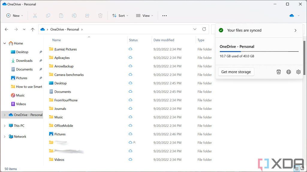 OneDrive folder with storage flyout in File Explorer