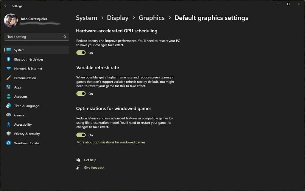 Screenshot of optimizations for windowed games in Windows 11 Settings