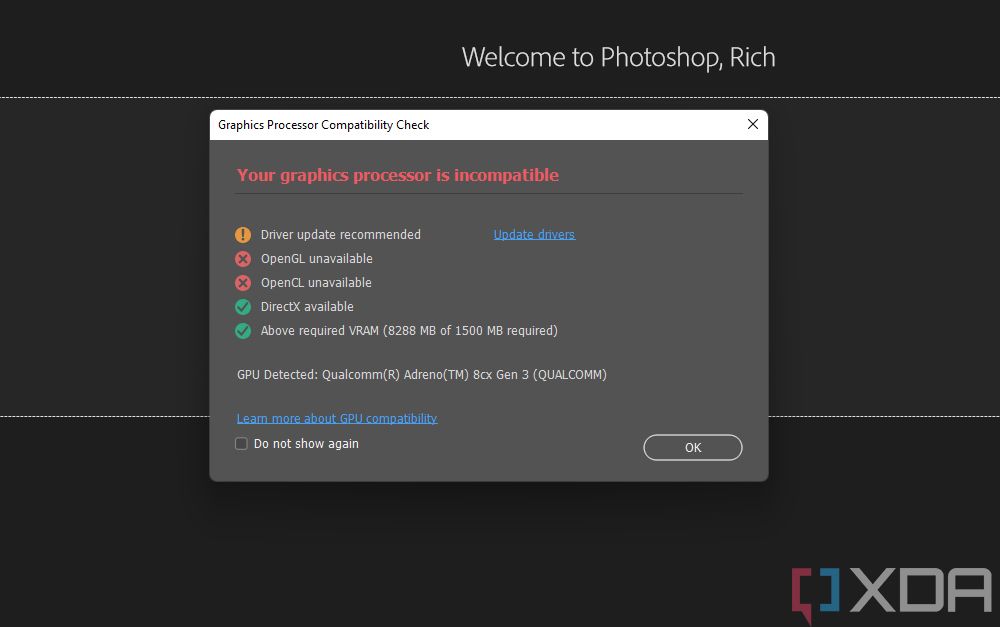 Message showing why Photoshop doesn't work on a PC where it should