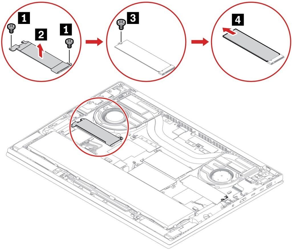 Illustration showing how to remove the SSD on the left side in the Lenovo ThinkPad X1 Extreme Gen 5.