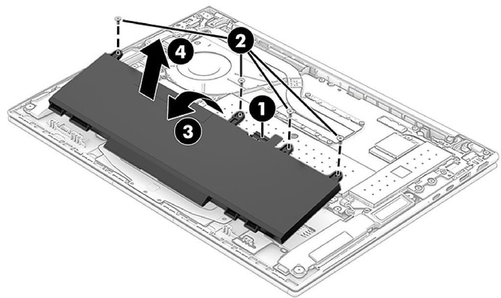 Illustration showing how to remove the battery on the HP EliteBook 840 G9