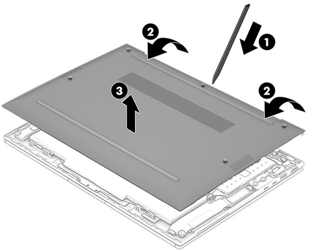 Illustration showing how to remove the bottom cover on the HP EliteBook 840 G9