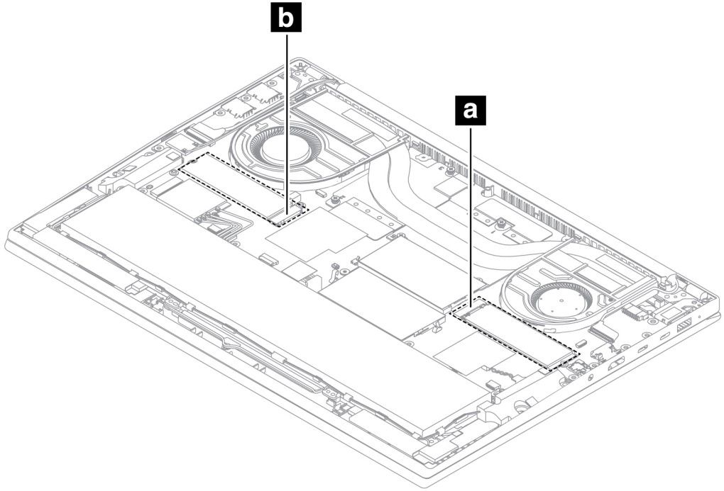 Illustration showing the placement of the SSD slots on the Lenovo ThinkPad X1 Extreme Gen 5