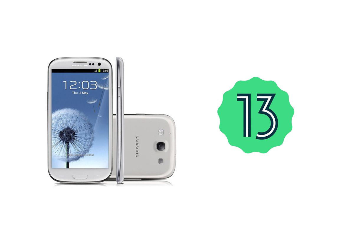 Samsung Galaxy S III next to Android 13 logo.
