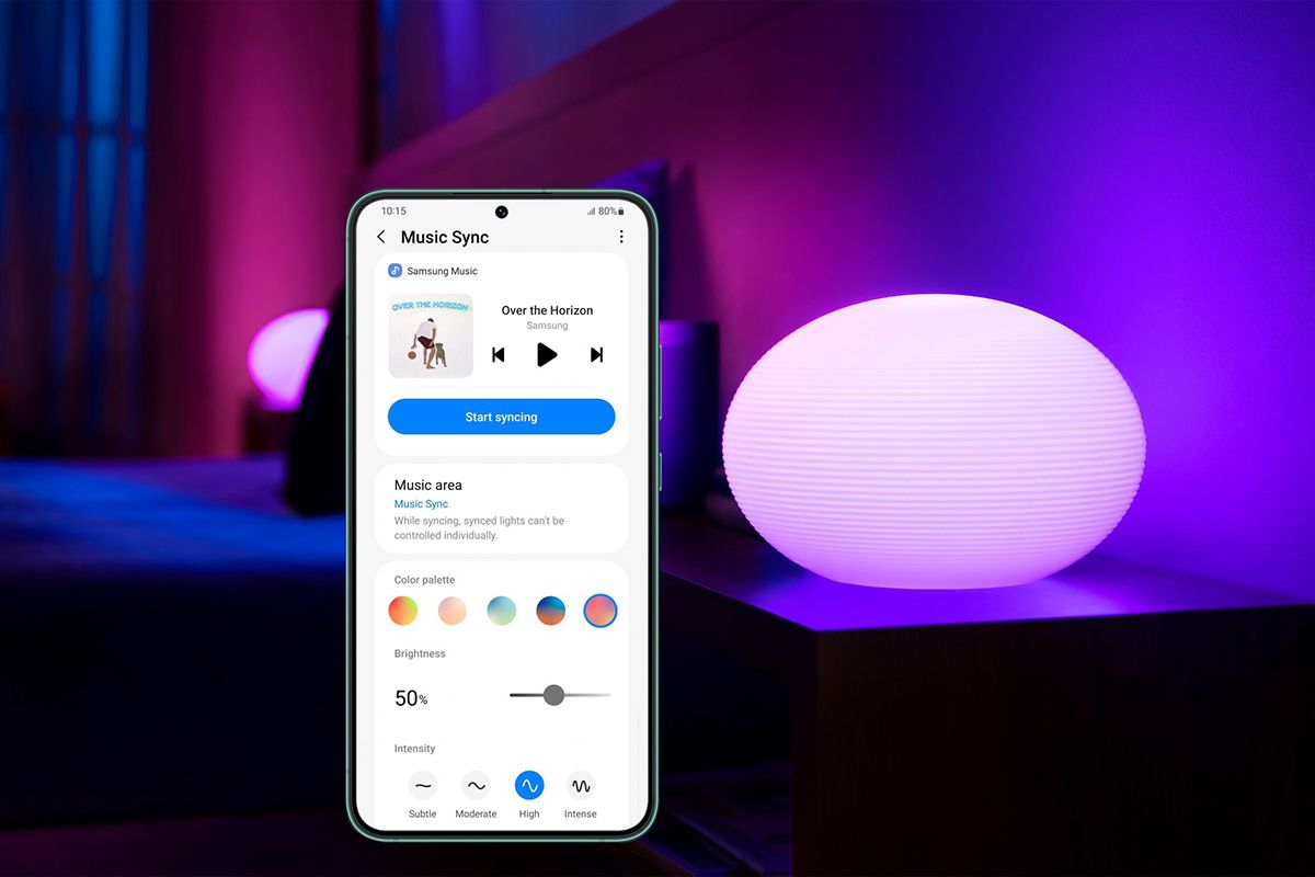 Samsung SmartThings Philips Hue music sync integration announcement poster.