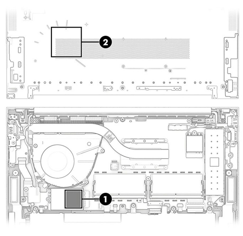 Illustration showing the thermal pad locations for the WWAN module on the HP EliteBook 840 G9