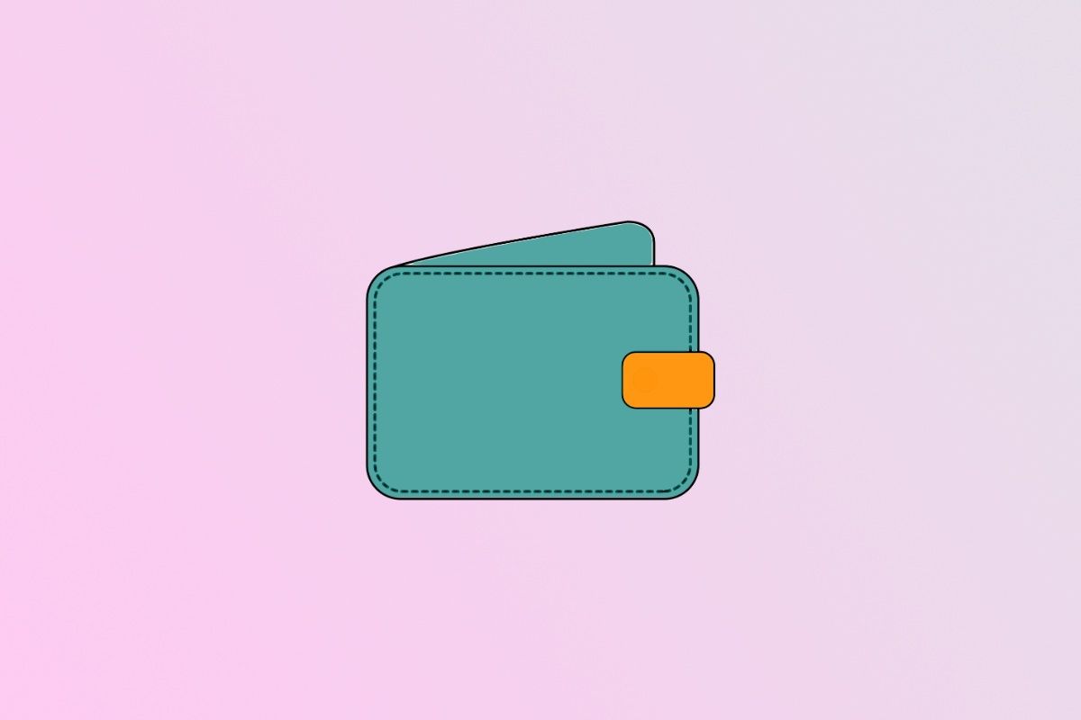 Wallet graphic on gradient background.