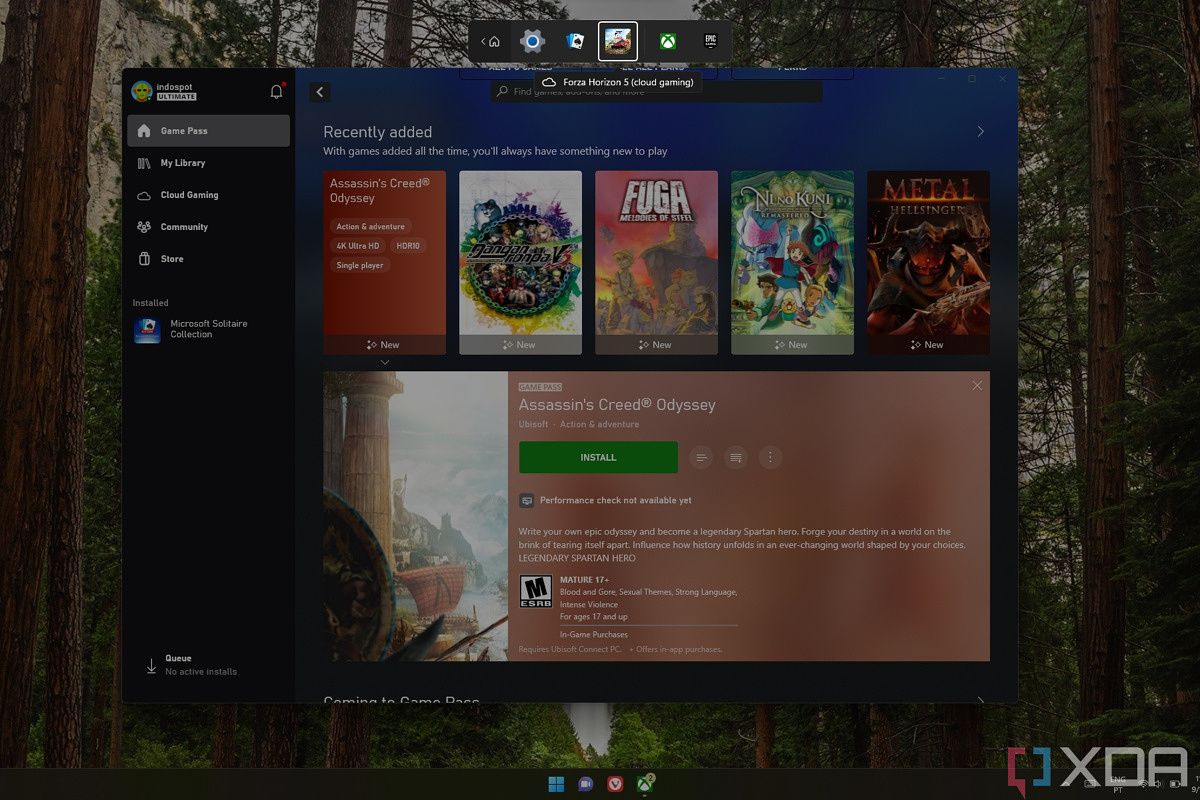Screenshot of the Windows 11 controller bar open over the Xbox app