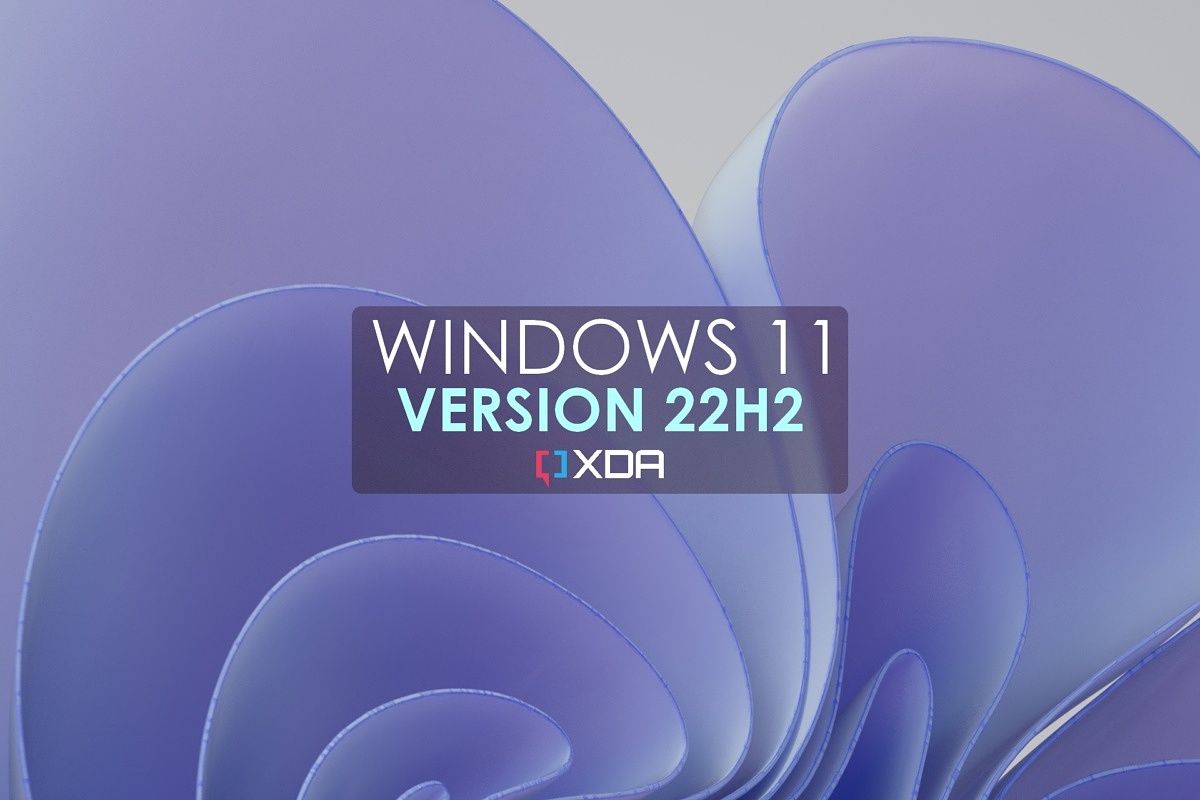 Text reading Windows 11 version 22H2 over purple patterns resembling the default Windows 11 Bloom wallpaper