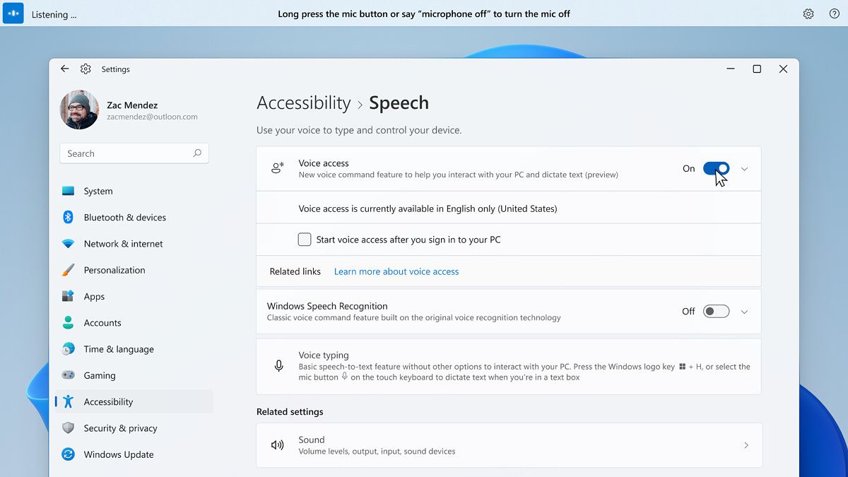 Screenshot of Windows speech settings, including the new voice access feature