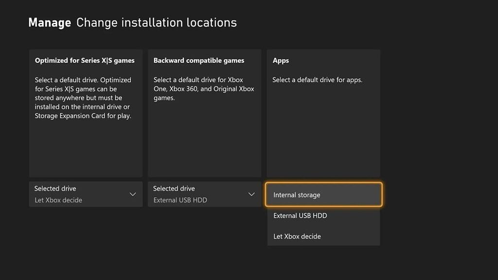 Xbox Change installation locations screenshot.
