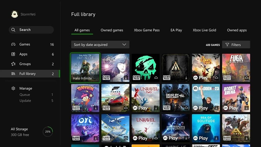 Xbox Full library option screenshot showing revamped UI.