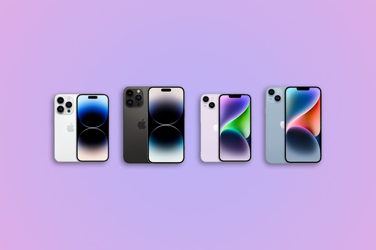 iPhone 14 series on gradient background.