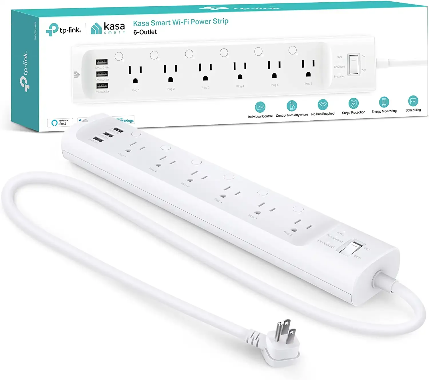 When you need more than one smart plug in one room you need a smart power strip like this one. Each socket is individually controlled, the strip has surge protection and even a trio of USB ports and  energy monitoring so you can check each connected device individually.