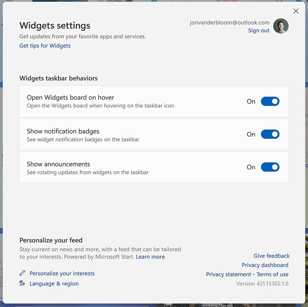 Screenshot of the new Widget taskbar behavior settings