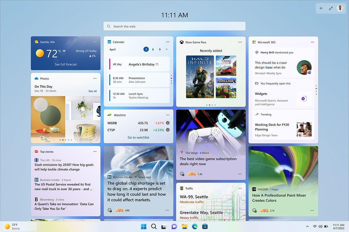 New expanded widgets panel in Windows 11