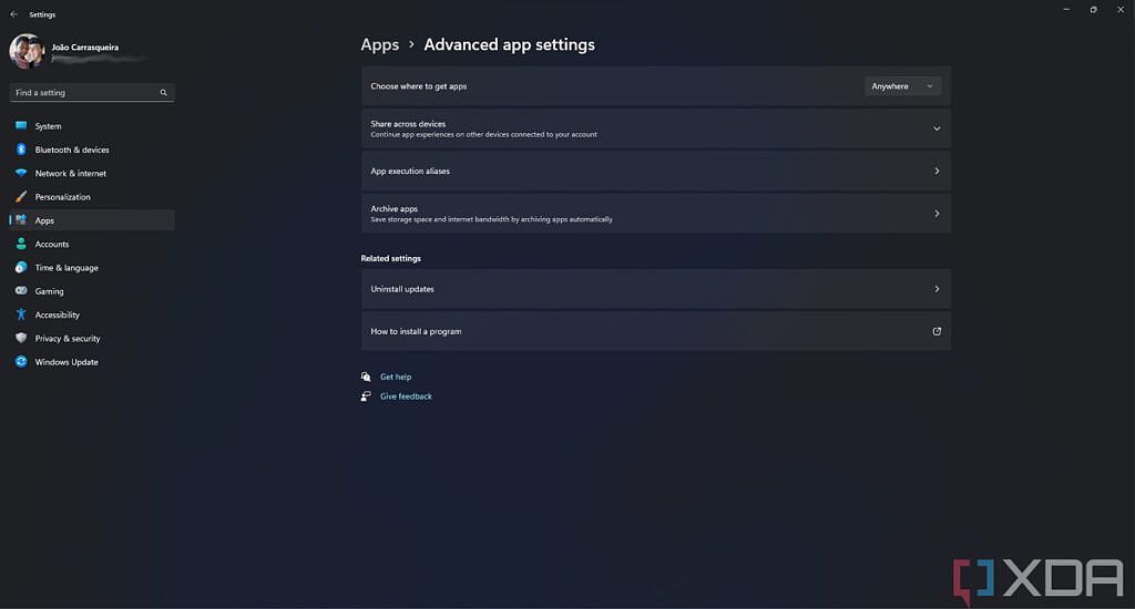 Screenshot of Advanced app settings in Windows 11 version 22H2