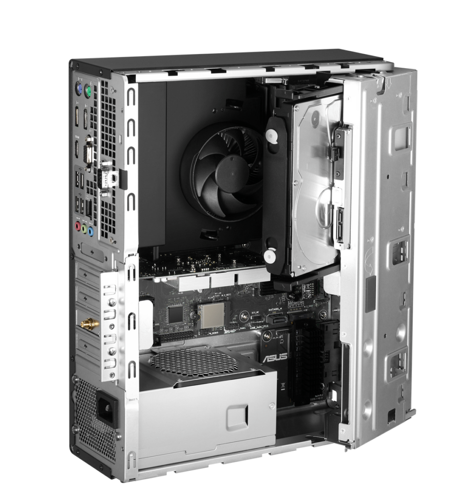 Angled view of the Asus ExpertCenter D7 SFF with the side panel removed, showing the internal components.