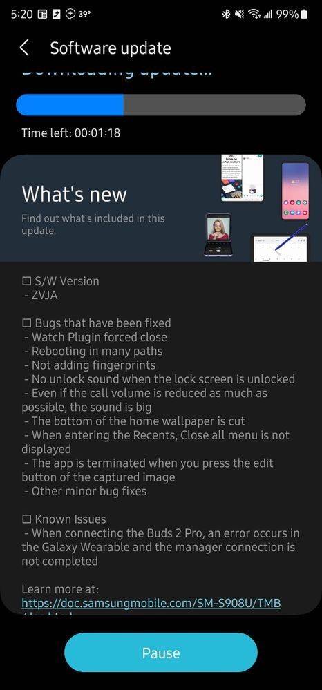 Galaxy S22 One UI 5 beta 5 changelog screenshot.
