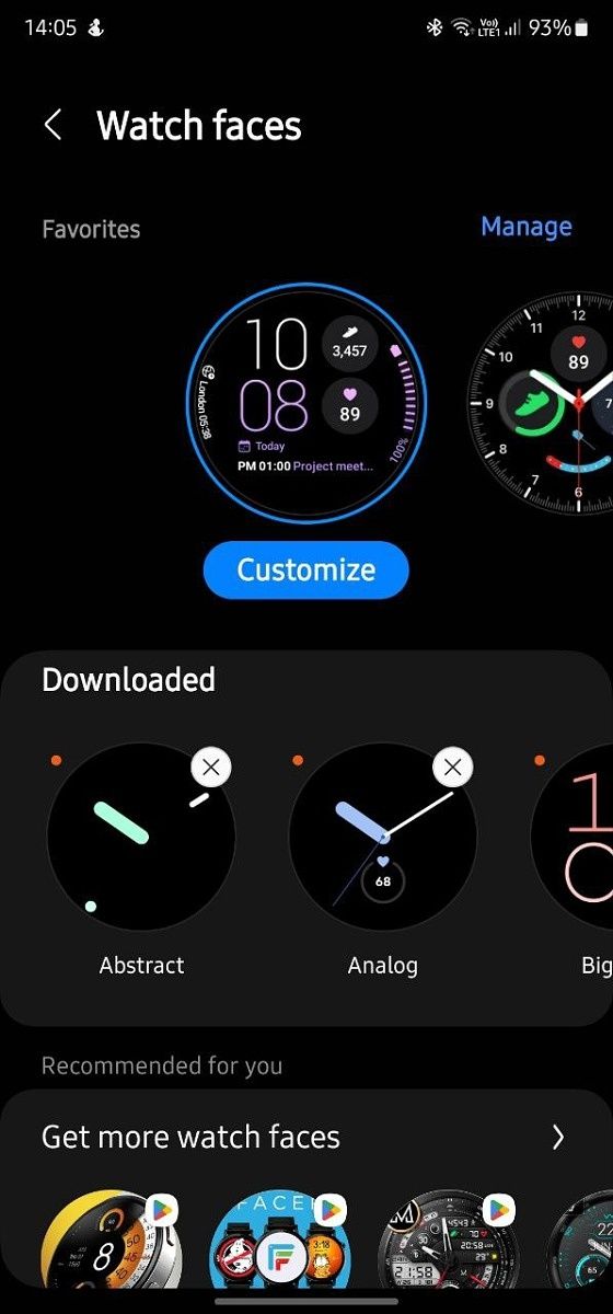 Galaxy Wearable app screenshot showing Pixel Watch watch faces.
