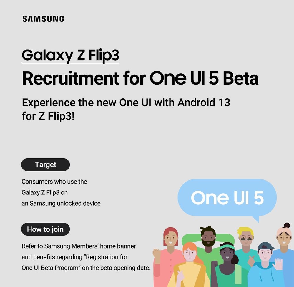 Galaxy Z Flip 3 One UI 5 beta announcement poster.