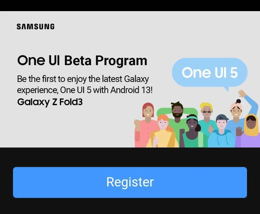 Galaxy Z fold 3 One UI 5 beta announcement banner from Samsung Members app.