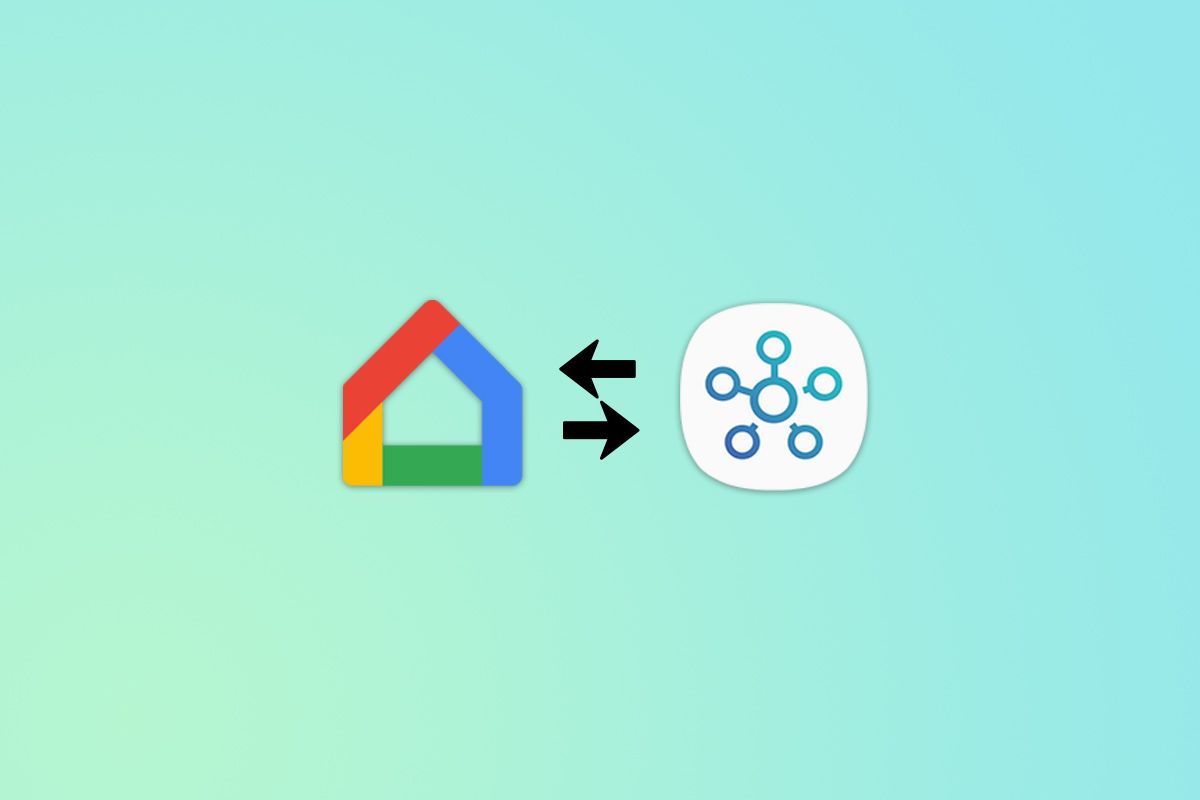 Google Home and Samsung SmartThings logos on gradient background with arrows pointing left and right in the center.