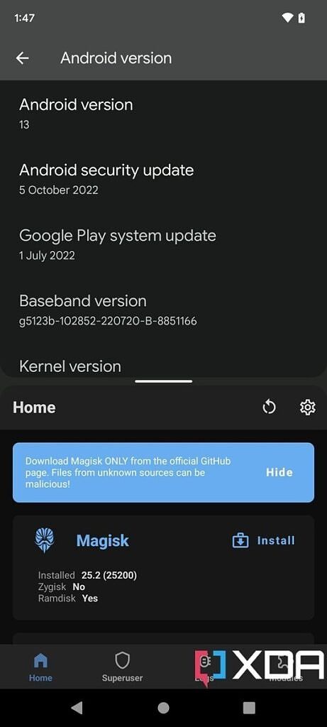 Google Pixel 6a running Android 13 October 2022 build rooted with Magisk