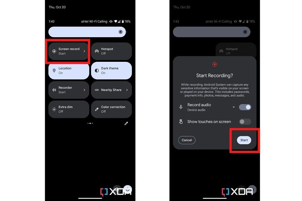 Screenshots showing how to screen record on the Google Pixel 7