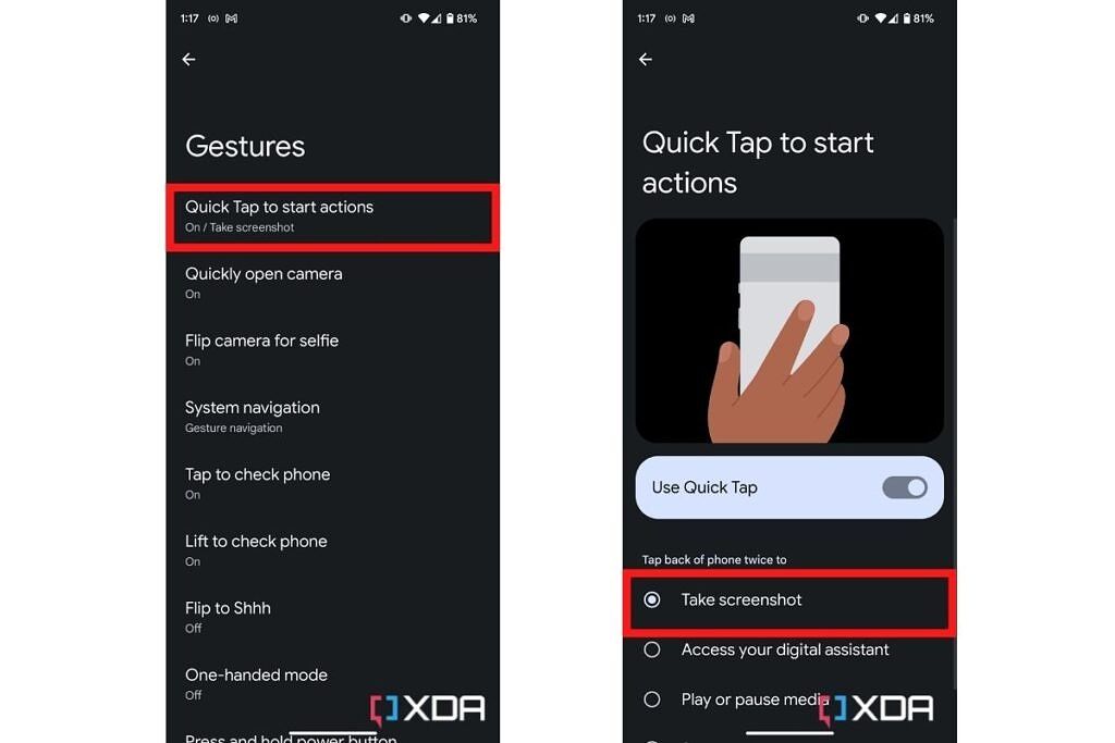 How to take screenshots on Google Pixel 7 using quick tap feature.