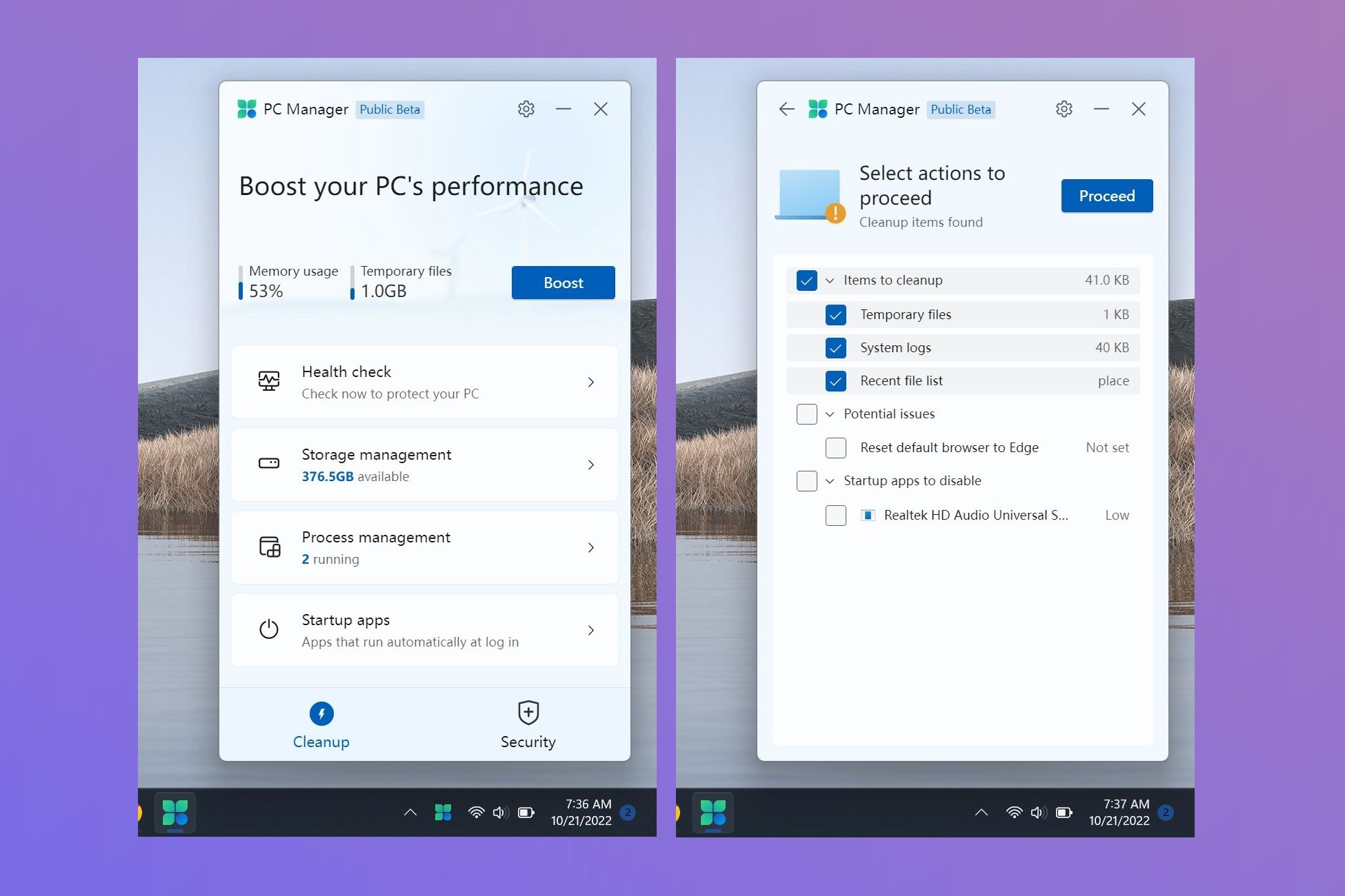Two screenshots of the Microsoft PC Manager app over a purple gradient background
