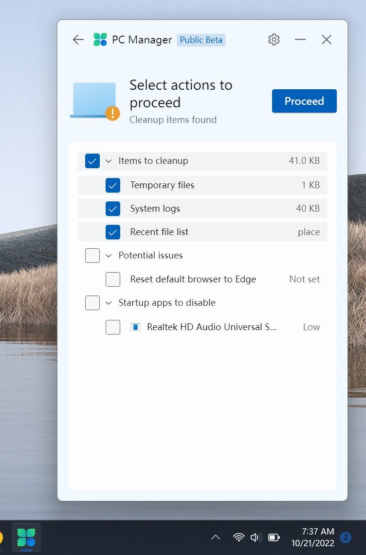 A screenshot of the Microsoft PC Manager app with cleanup options to improve system performance