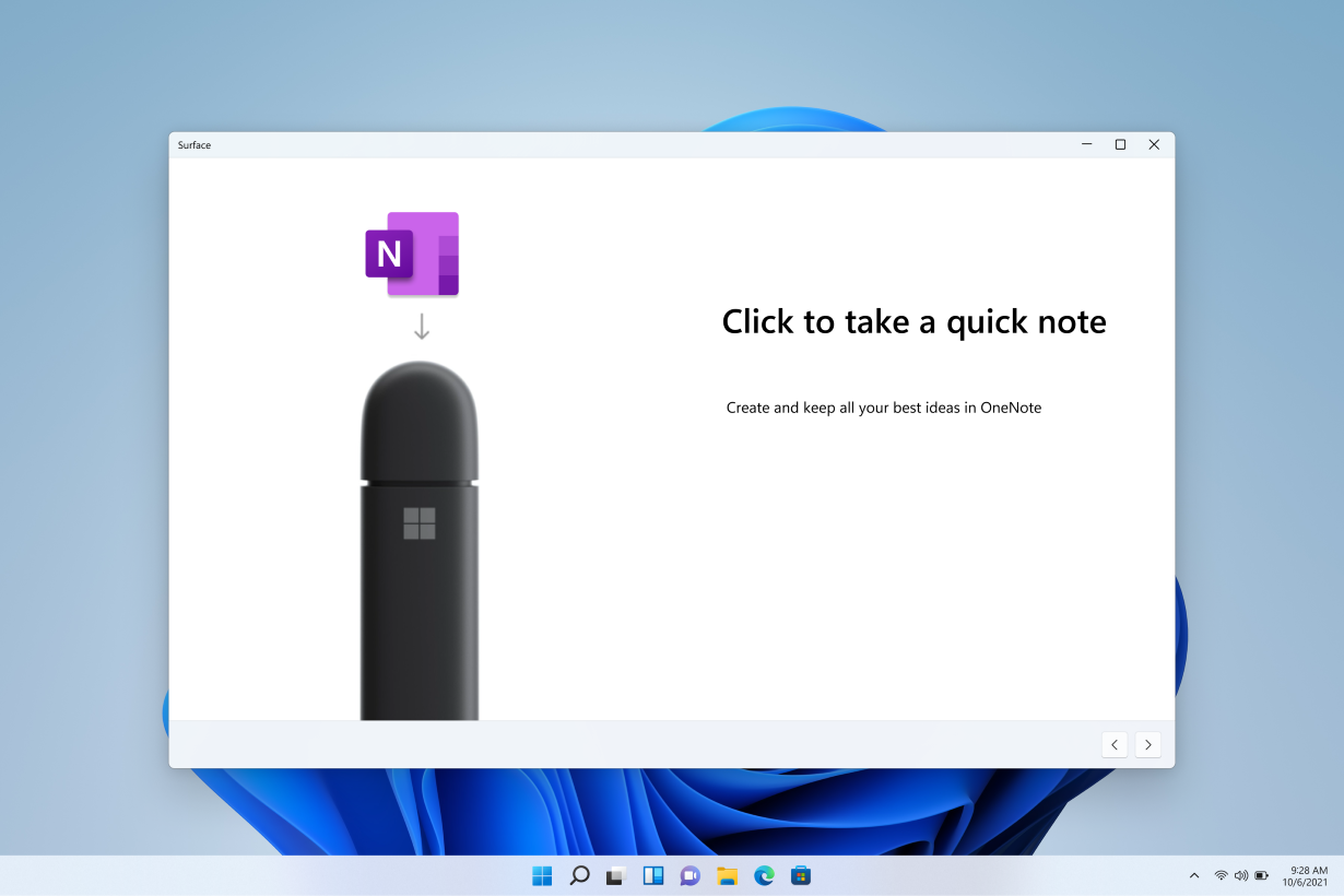 Captura de pantalla de la aplicación Surface que permite a los usuarios saber que pueden iniciar OneNote usando el botón en la parte posterior del Surface Pen