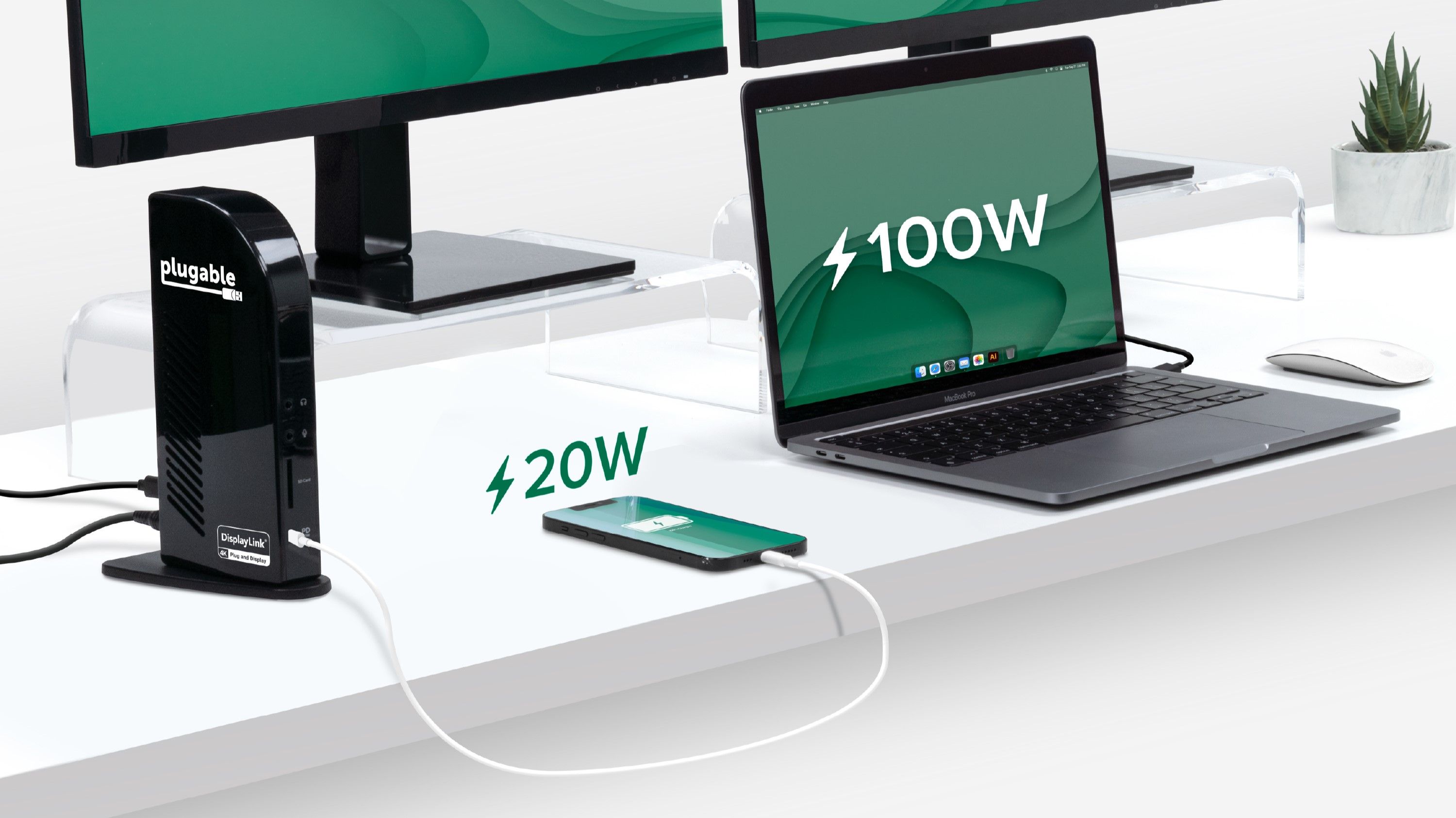 A Plugable USB-C Triple Display DOcking Station providing 100W of power to a laptop and 20W to a phone
