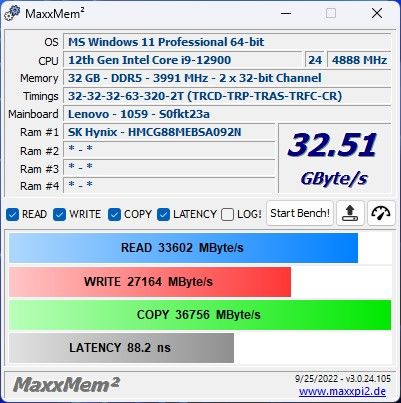 Screenshot of results for the MaxxMem2 benchmark on the Lenovo ThinkStation P360 Ultra