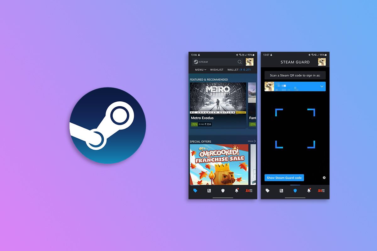 Steam App Logo Next To Screenshots Of The Updated App Interface On Gradient Background 