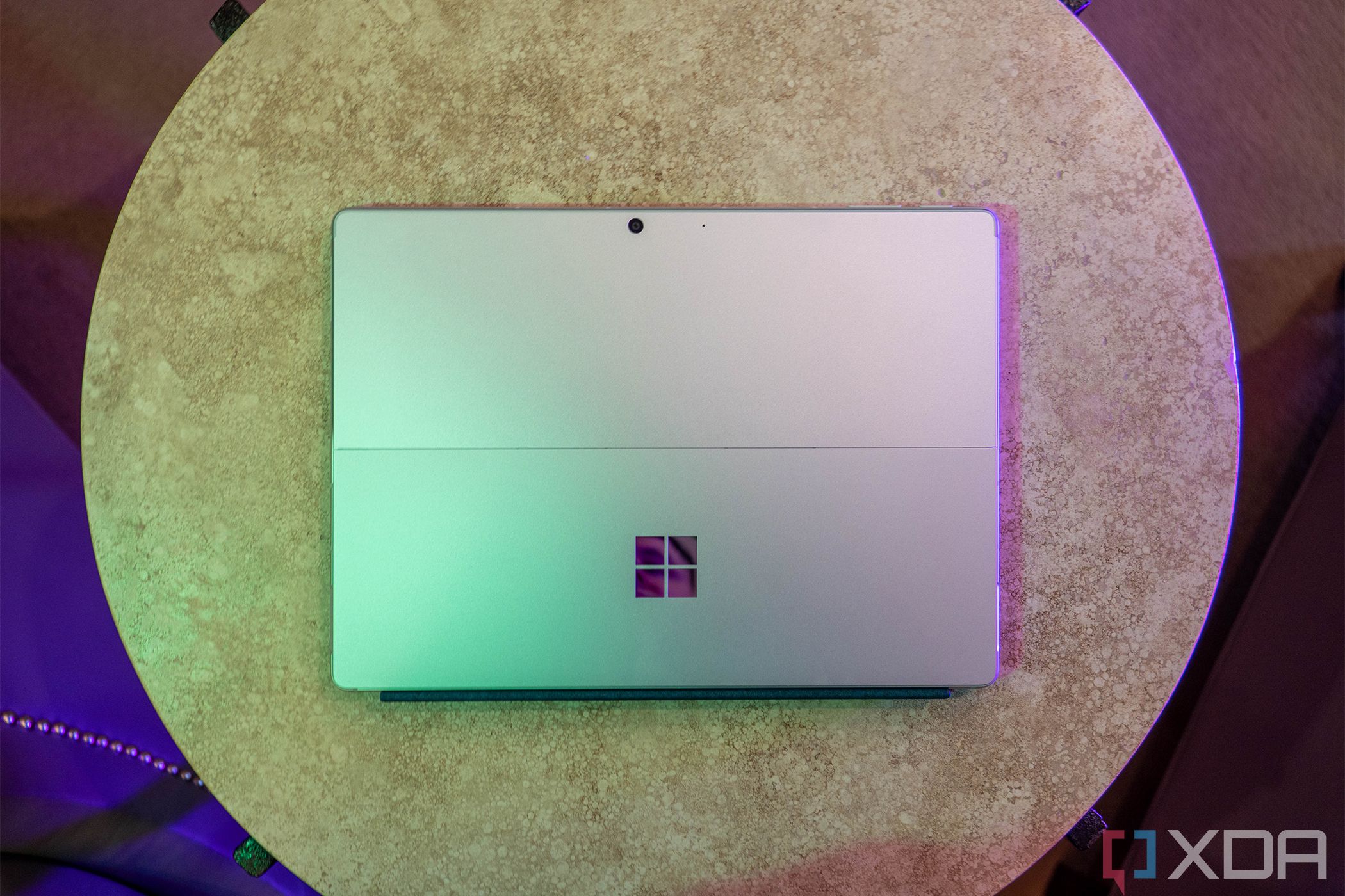 Microsoft logo on silver tablet