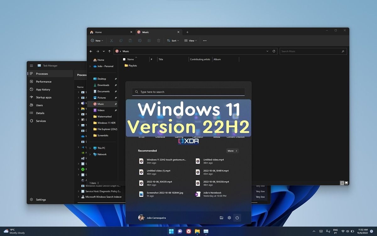 A screenshot of Windows 11 with the File Explorer and Task Manager open, along with the Start menu