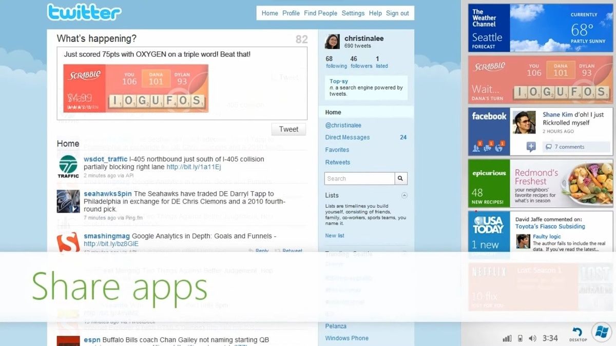 A screenshot of an early Windows 8 concept allowing users to share apps by dragging them from a sidebar into a social media composer.