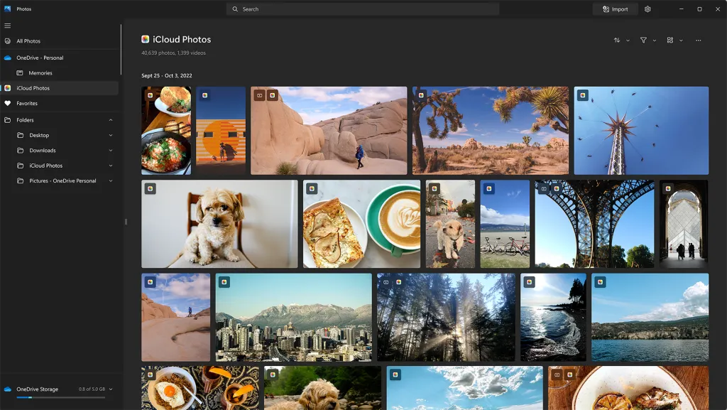 Screenshot of Windows 11 Photos app with iCloud photos integration