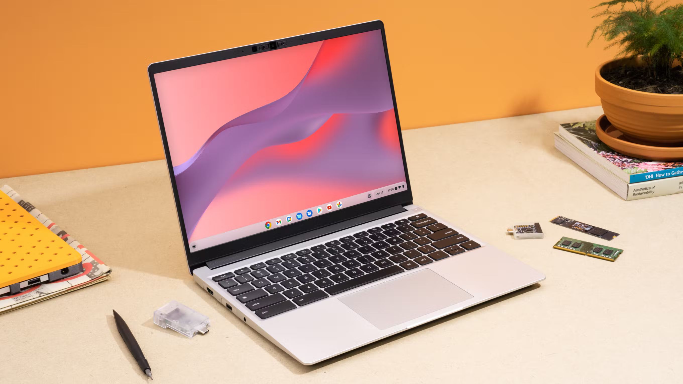 The Framework Chromebook sitting on a table