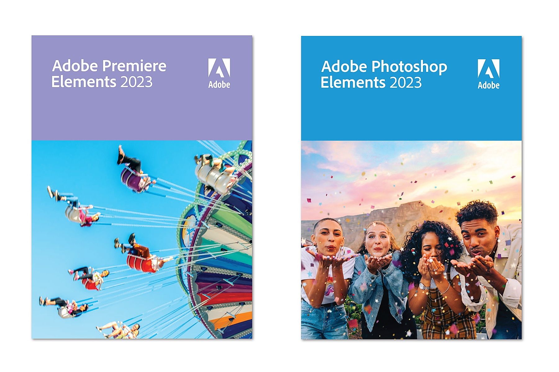 Product box covers for Adobe Premiere Elements and Photoshop Elements 2023, showing two different pictures with the logo and branding for each app above them