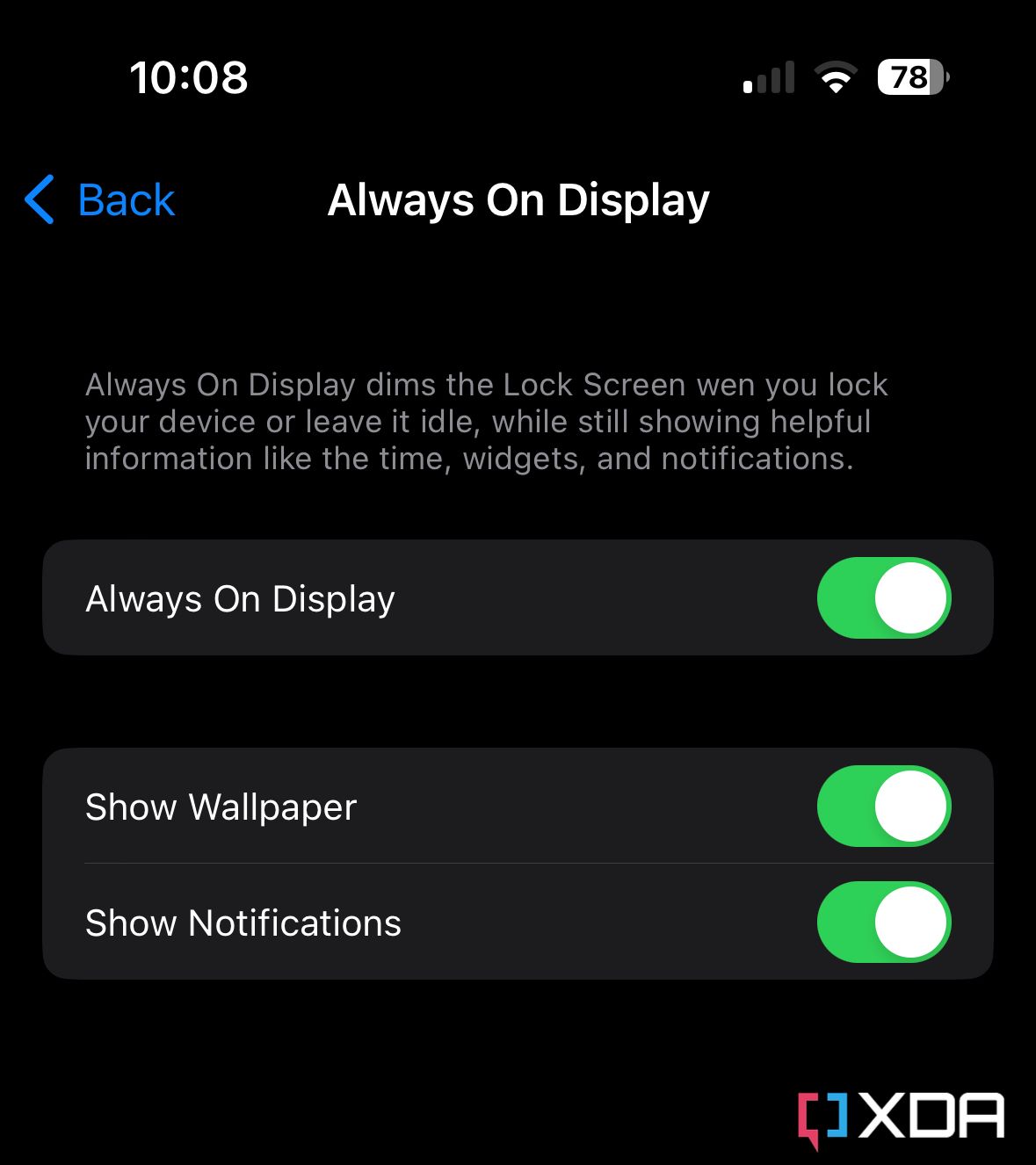 Always On Display settings on iOS 16.2 beta 3