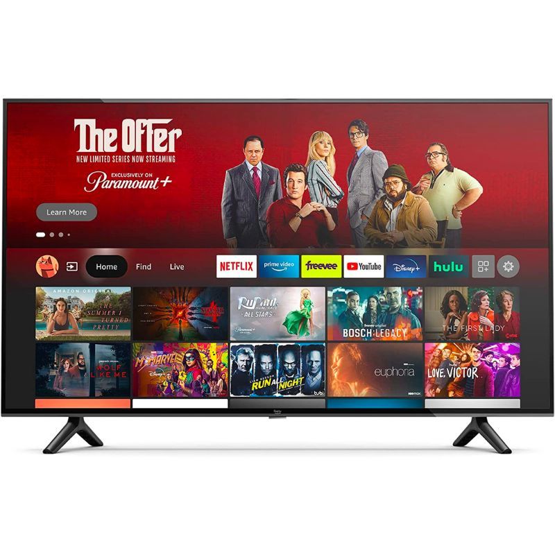 Una imagen renderizada del Amazon Fire TV 4 Series 4K UHD Smart TV que muestra su interfaz de usuario sobre un fondo de color blanco.