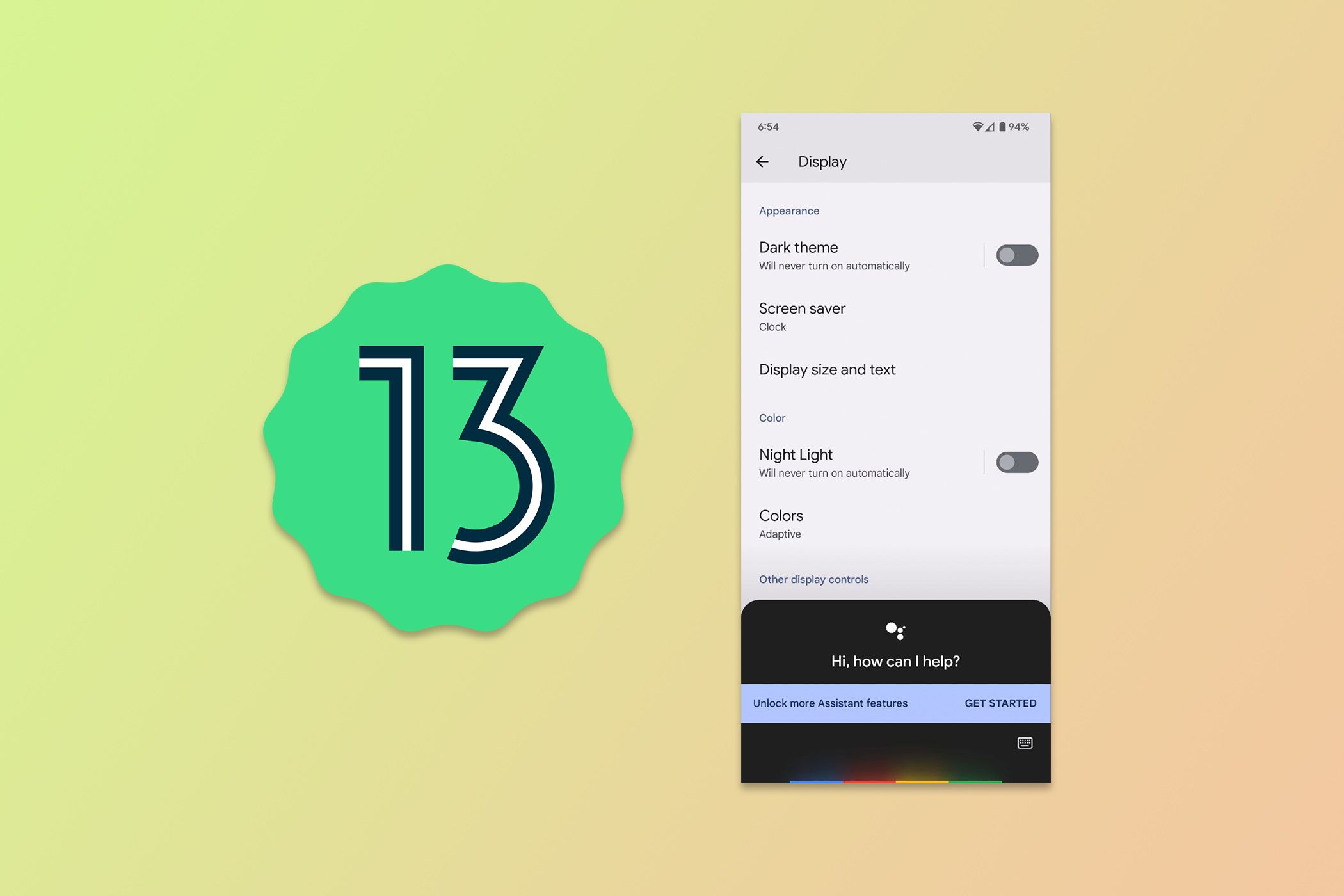 Android 13 logo next to screenshot showing Assistant dark theme UI on gradient background.